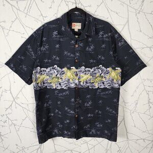 Hilo Hattie Black Palm Trees Turtles Print 100% Cotton Camp Shirt
